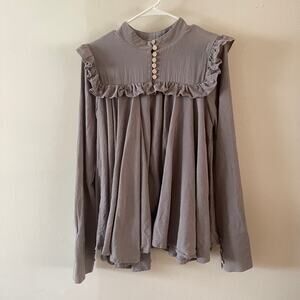 Lelasilk Ruffle Tunic Blouse Dk Gray Silk Babydoll Pleated Long Sleeve Boho Top